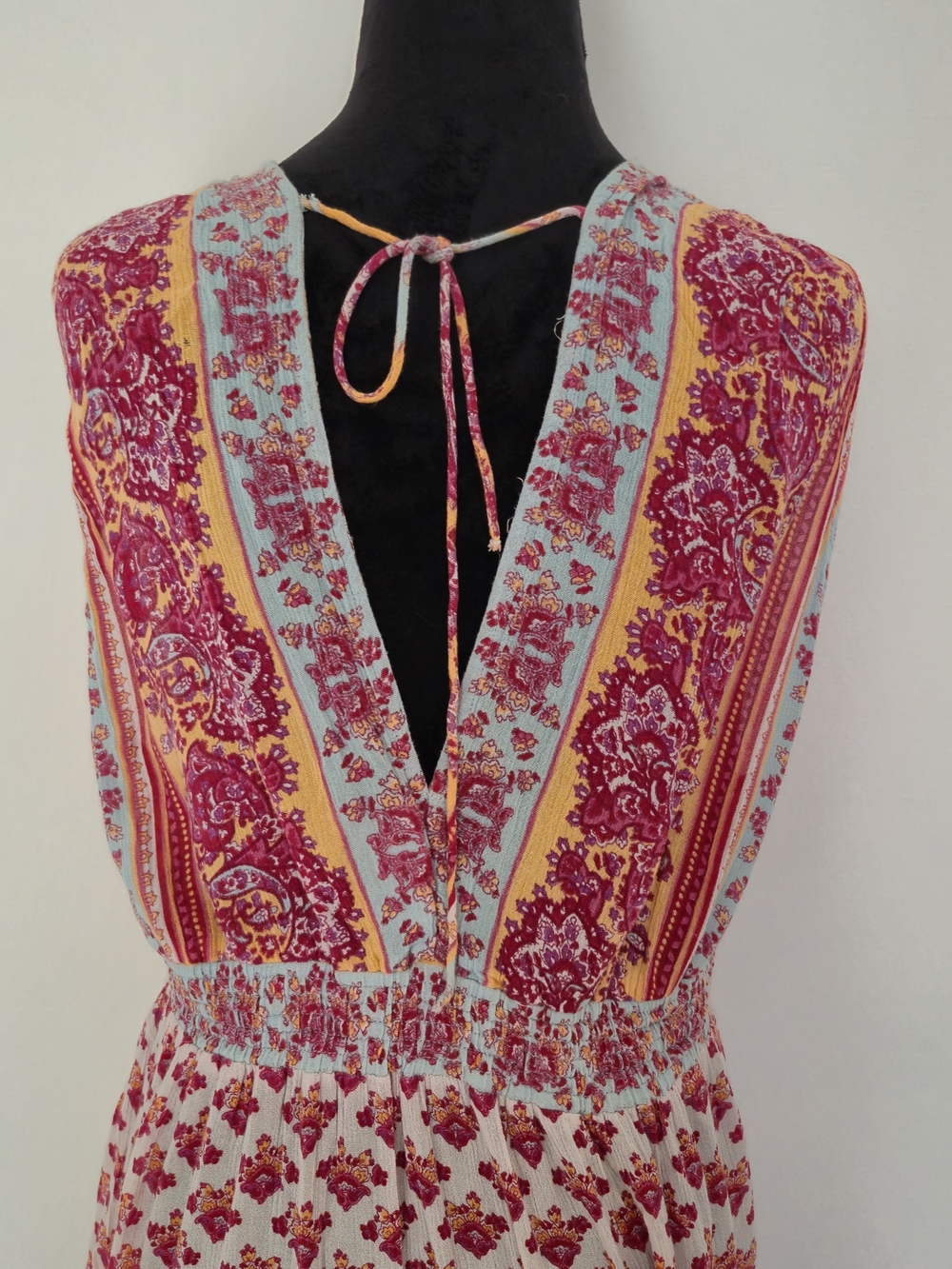 Boho Paisley Crinkle Maxi Dress Pink Yellow Casual Festival, Sun Dress - Picture 7 of 11